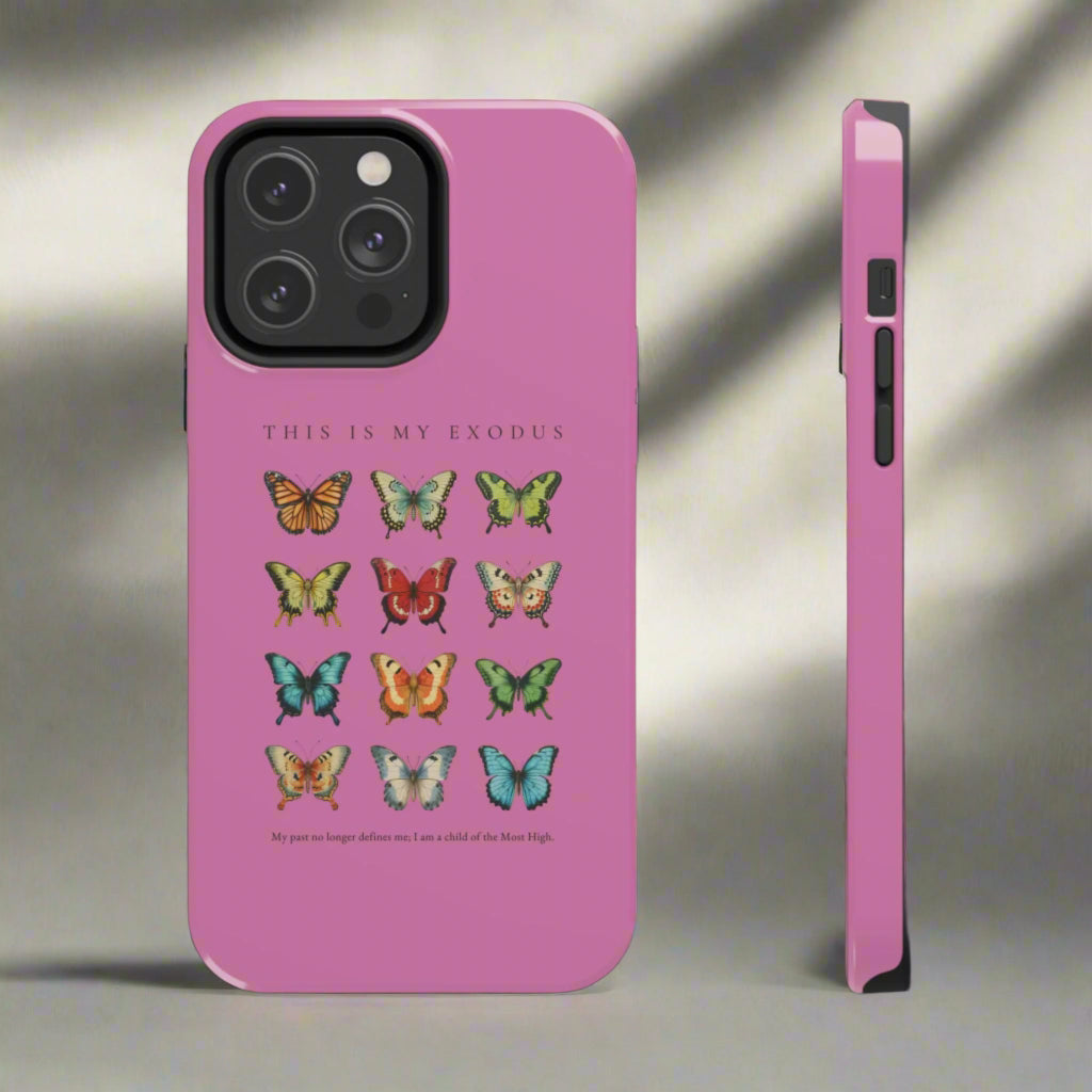 Pink phone case with butterfly designs and text on a gradient background
